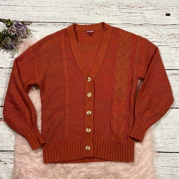 Staud Blake Oversized Cable Knit Cardigan in Orange - Picture 2 of 11